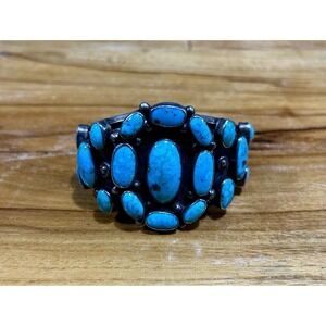 Signed Navajo Phil Tso Sterling Silver‎ Turquoise Cluster Cuff Bracelet